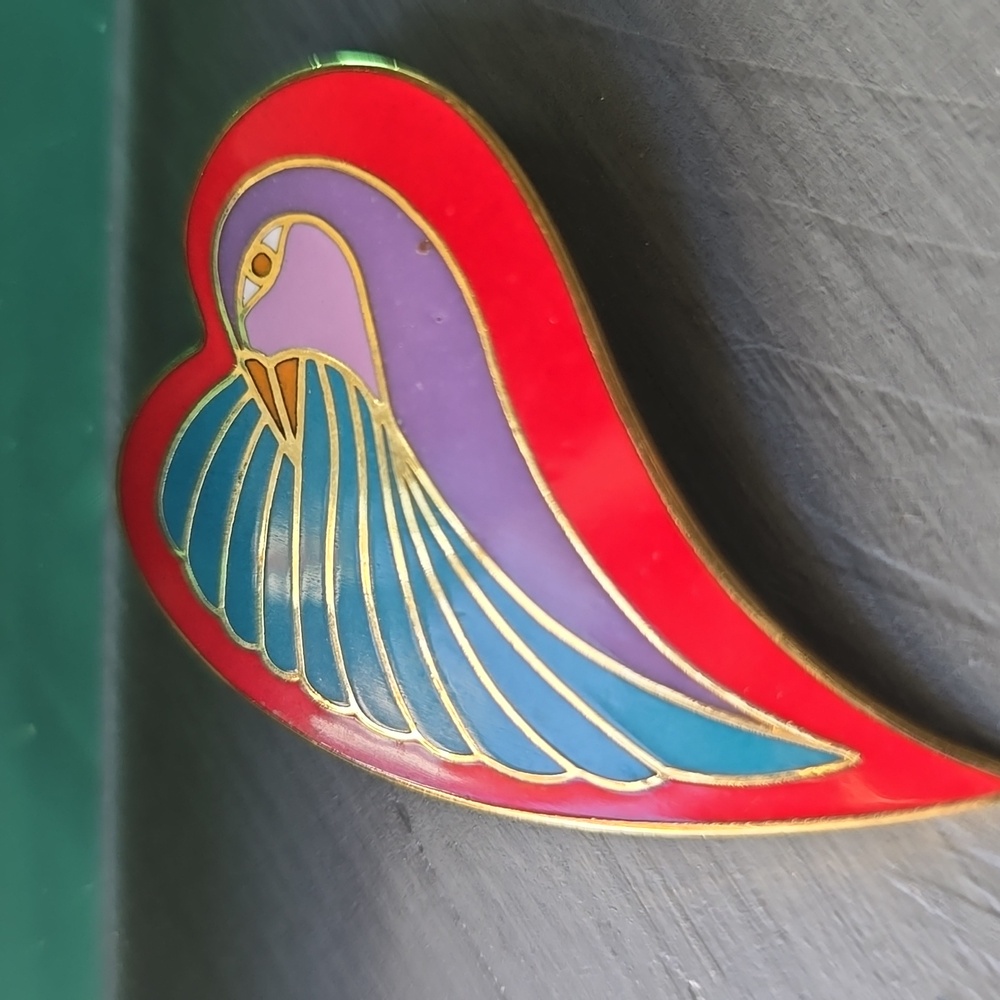 Laurel Burch DOVE HEARY Red and Gold Bird Brooch